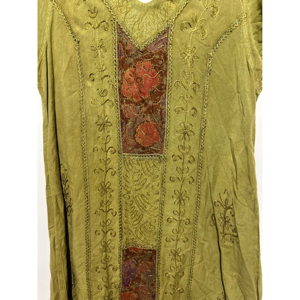 Pineapple Olive Green Floral Patchwork Gold Embroidered V-Neck Midi Dress XL NWT - Picture 4 of 10